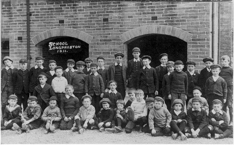 Long Preston Boys School Group 1911.JPG - Long Preston Boys School Group 1911. Back Row: John Dugdale - Jim Evans - Henry Stork - Henry Armistead - Donald Parkinson - Herbert Cowgill - Sydney Russel  - Clement Graham - Brian Herbert Cowgill - James preston Middle Row: ( standing on left ): Mathew Eaton - Harold Foster - Teddy Nixon - ? Butt Middle Row ( standing on right ): Henry Nixon - Stanley Butt - Billy Lund - Frank Williams - Jimmy Wooler  ( and slightly in front ): Dick Earnshaw - Fred Sharpe Front Row ( kneeling and sitting ): Robert Preston - Billy Jackman - Maurice Stone - Fred Stork - Billy Bullock - John Armistead - Harold Eaton - Joe Nowell  - Frank Sharpe - Billy Ward - Edward Ward - Jack Nixon - Joe Evans - Bert Kidd - Philip Kidd (k) - Harry Cowgill - ? Cowgill